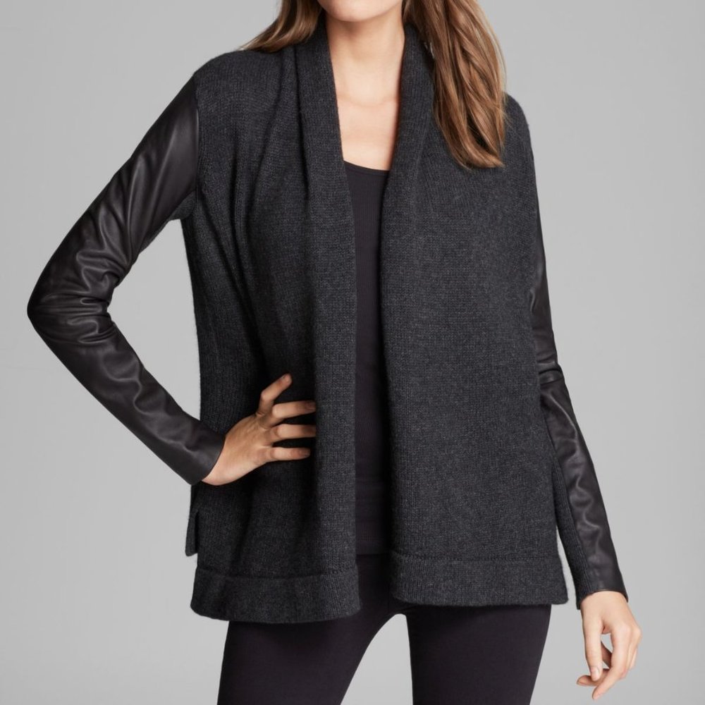 Vince open front cardigan wool and lamb leather sleeve size XS